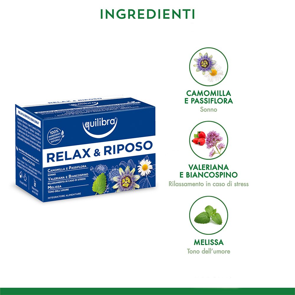Confezione del prodotto con illustrazioni degli ingredienti. Contiene camomilla, passiflora, valeriana e melissa.