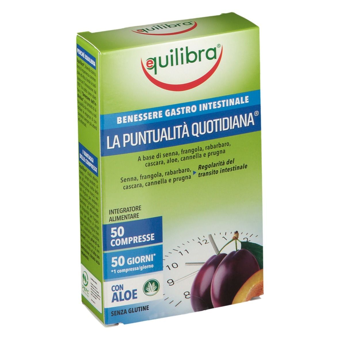 Scatola verde con nome del prodotto e ingredienti. 50 compresse, 50 giorni. Con aloe e senza glutine. Immagine di prugne.