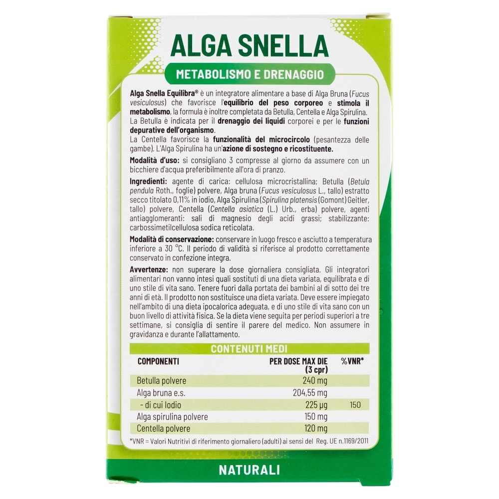 Rückseite der Verpackung von Equilibra® Alga Snella. Enthält Informationen zu Inhaltsstoffen und Nährwerten.