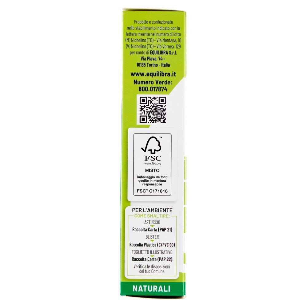 Seite der Verpackung von Equilibra® Alga Snella. Enthält FSC-Logo und Informationen zur Entsorgung.