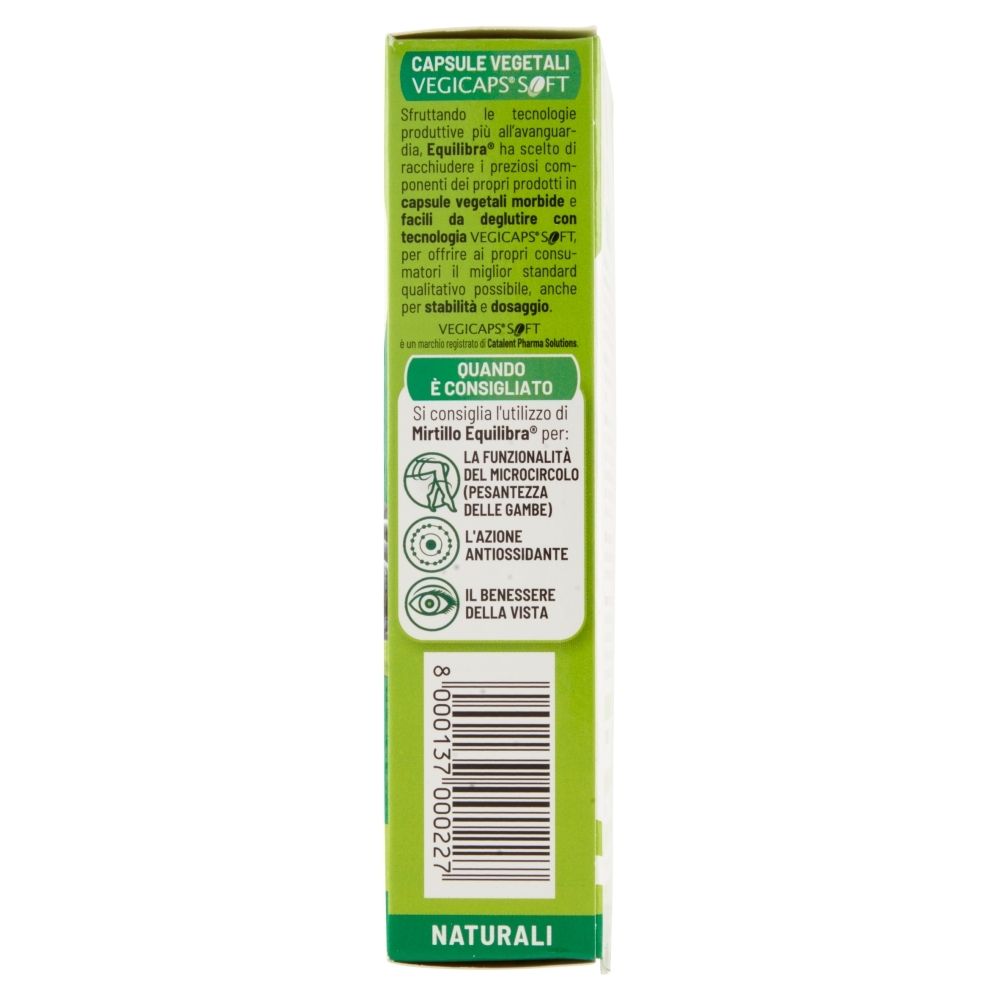 Seite der Mirtillo-Verpackung. Text: Vegicaps Soft, Anwendungshinweise. Enthält Informationen zur Anwendung.