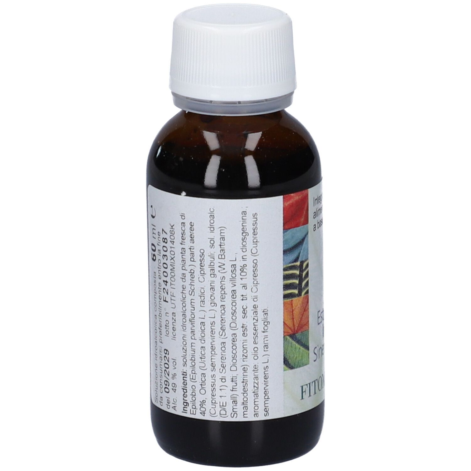 Flacone in vetro marrone con tappo bianco, etichetta con ingredienti e volume.