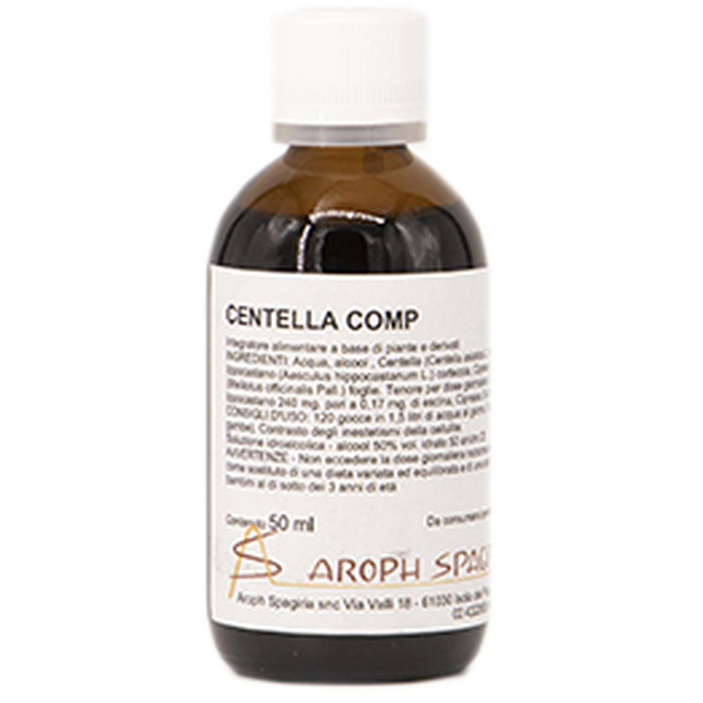 Flacone di vetro marrone con tappo bianco. Scritta: Centella Comp. Etichetta con testo. Marchio Aroph Spa.