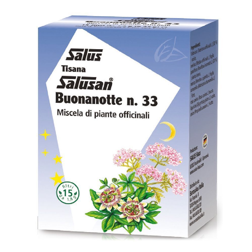Scatola con nome del prodotto e illustrazione floreale. Marchio Salus, nome prodotto Salusan Buonanotte n. 33.