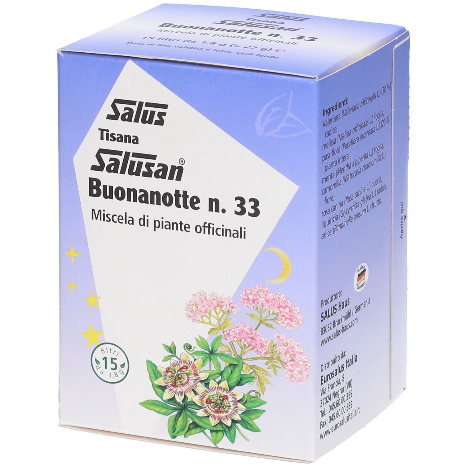 Scatola con nome del prodotto e illustrazione floreale. Marchio Salus, nome prodotto Salusan Buonanotte n. 33.