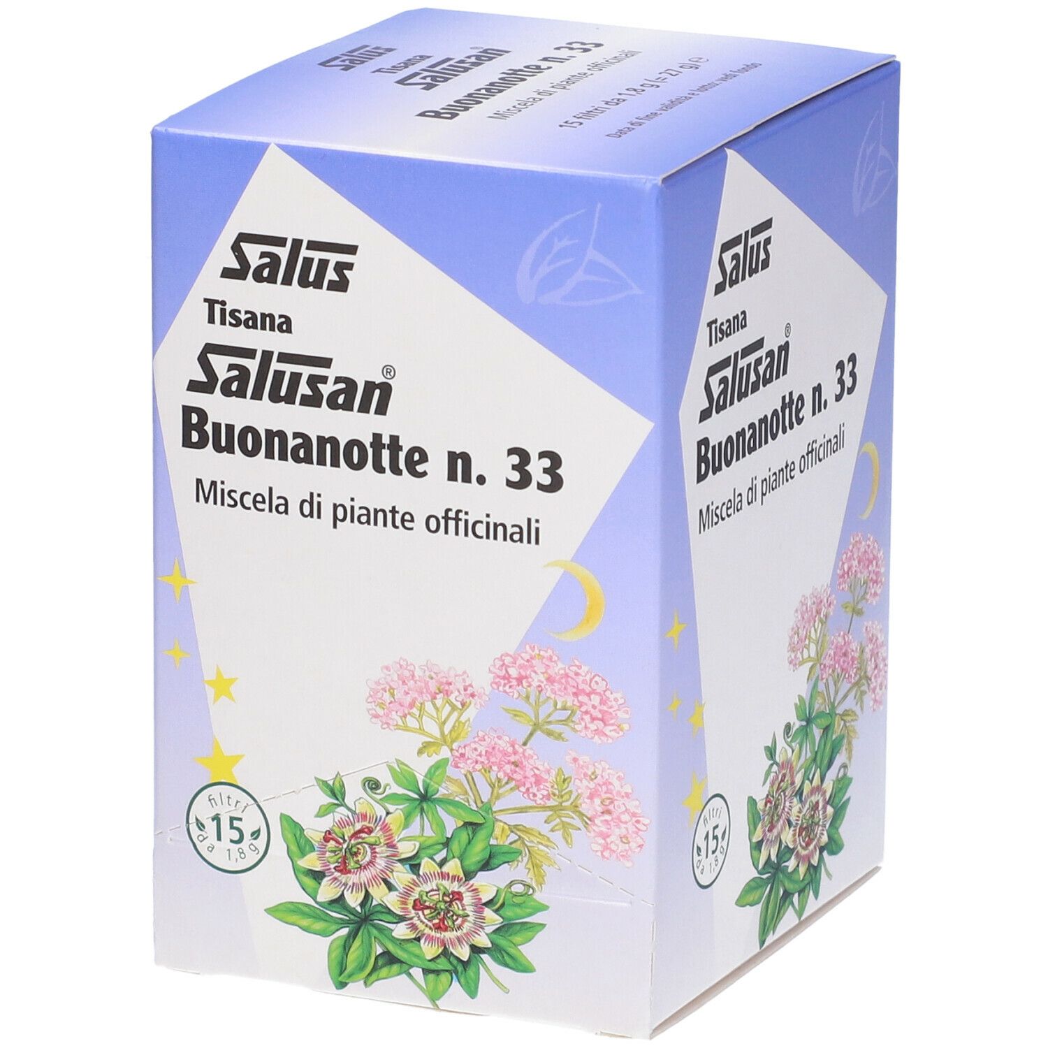 Scatola con nome del prodotto e illustrazione floreale. Marchio Salus, nome prodotto Salusan Buonanotte n. 33.