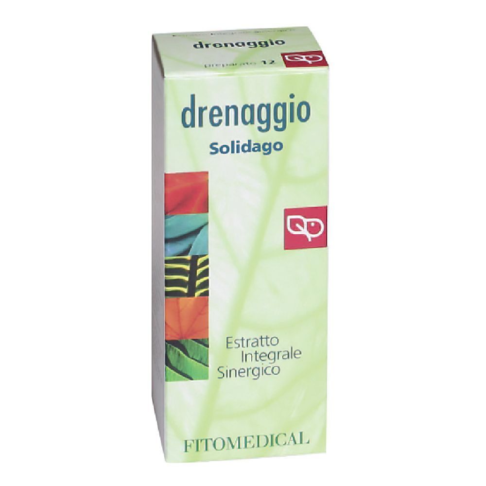 Scatola 'drenaggio Solidago'. Design verde e bianco con logo e testo 'Estratto Integrale Sinergico'. Marchio: FITOMEDICAL.