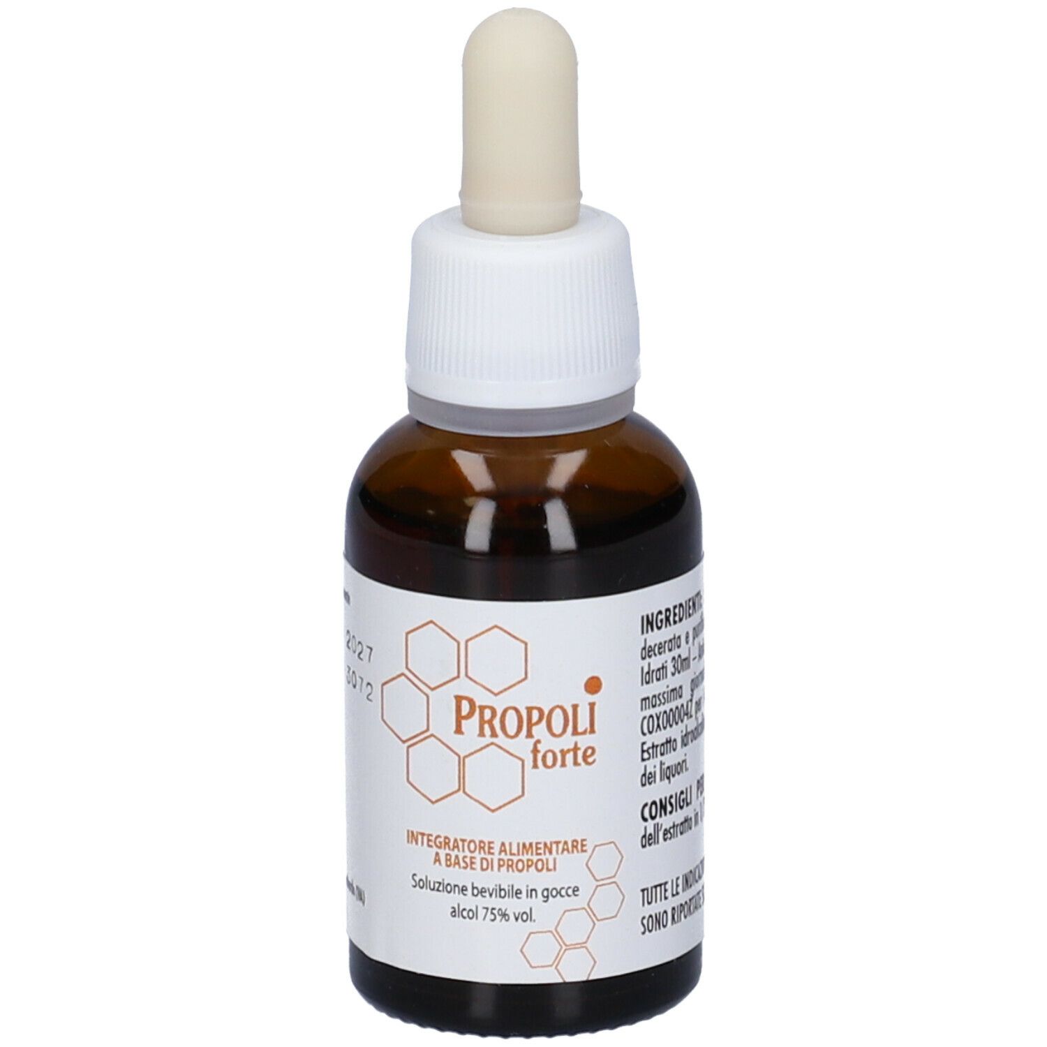 Flacone di vetro marrone con contagocce. Scritta: Propoli forte, Integratore alimentare, alcool 75% vol.