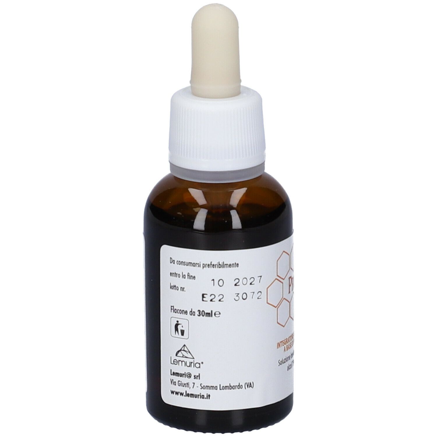 Flacone di vetro marrone con contagocce. Scritta: Propoli forte, Integratore alimentare, alcool 75% vol. Scadenza.