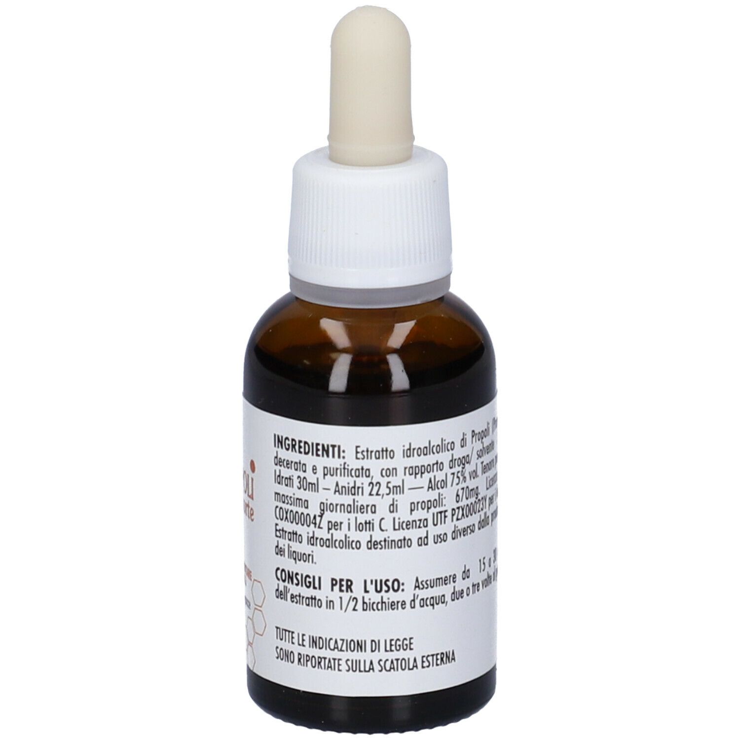 Flacone di vetro marrone con contagocce. Scritta: Propoli forte, Integratore alimentare, alcool 75% vol. Ingredienti.