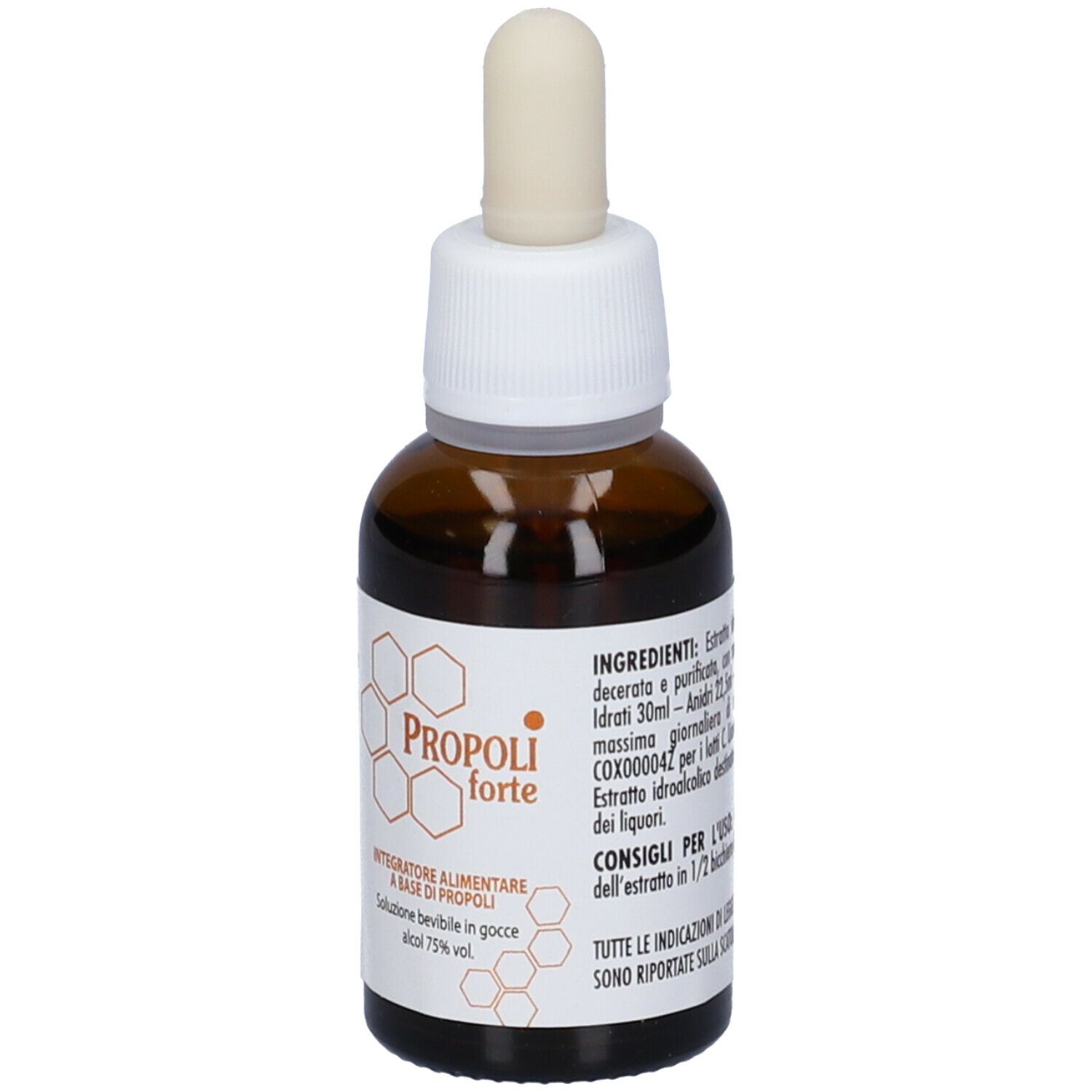 Flacone di vetro marrone con contagocce. Scritta: Propoli forte, Integratore alimentare, alcool 75% vol. Uso.