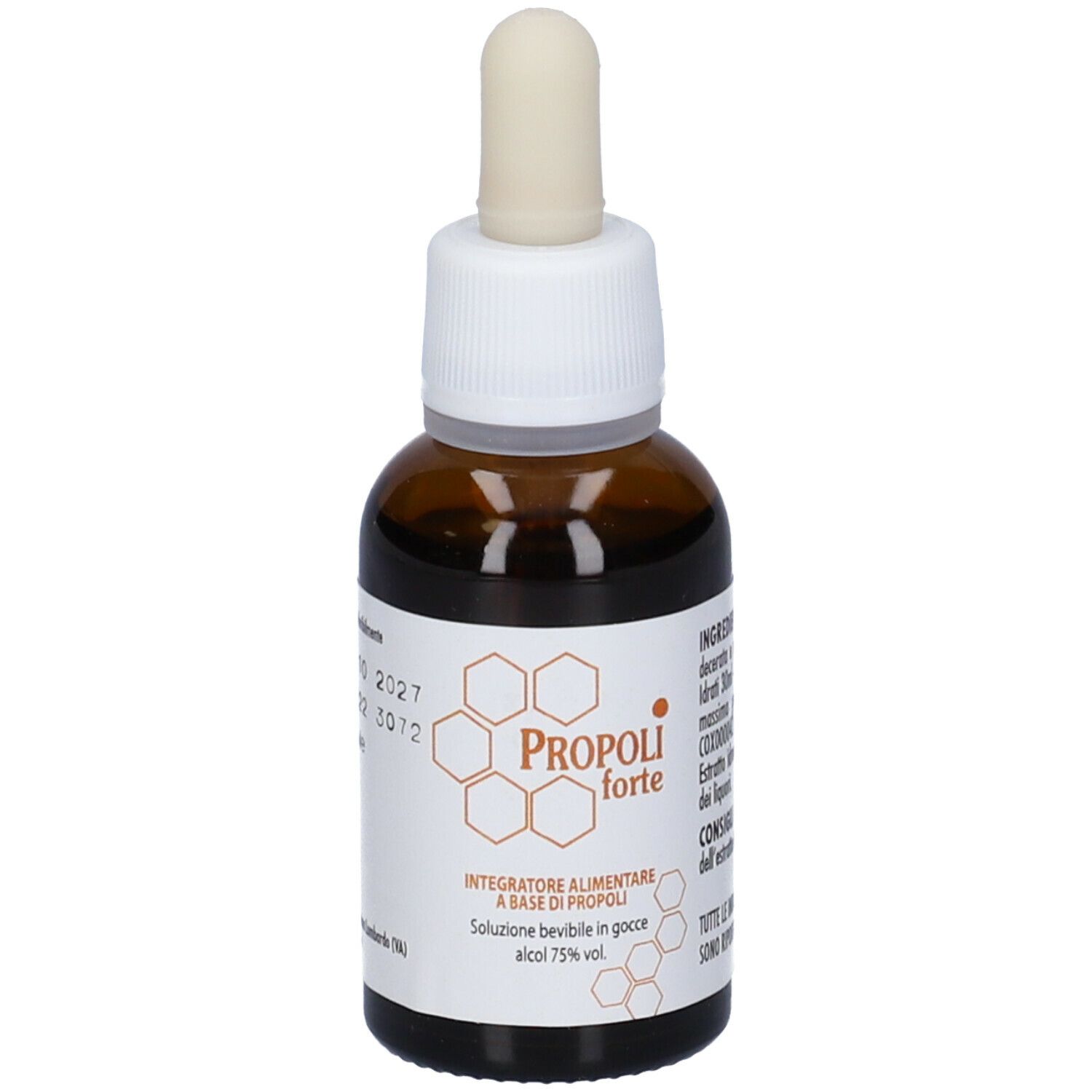 Flacone di vetro marrone con contagocce. Scritta: Propoli forte, Integratore alimentare, alcool 75% vol. Dettagli.
