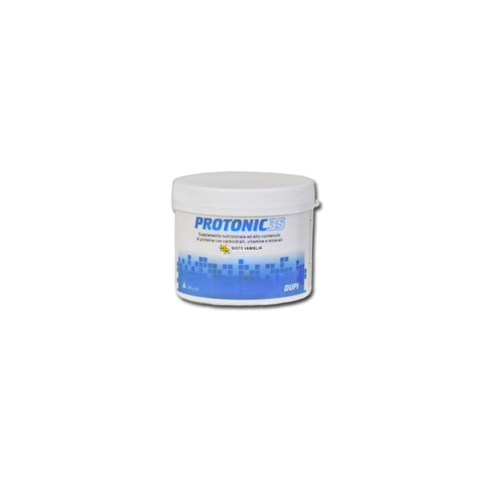 Contenitore bianco con coperchio. Scritta "Protonic 35". Grafica blu e bianca. Testo sottostante.