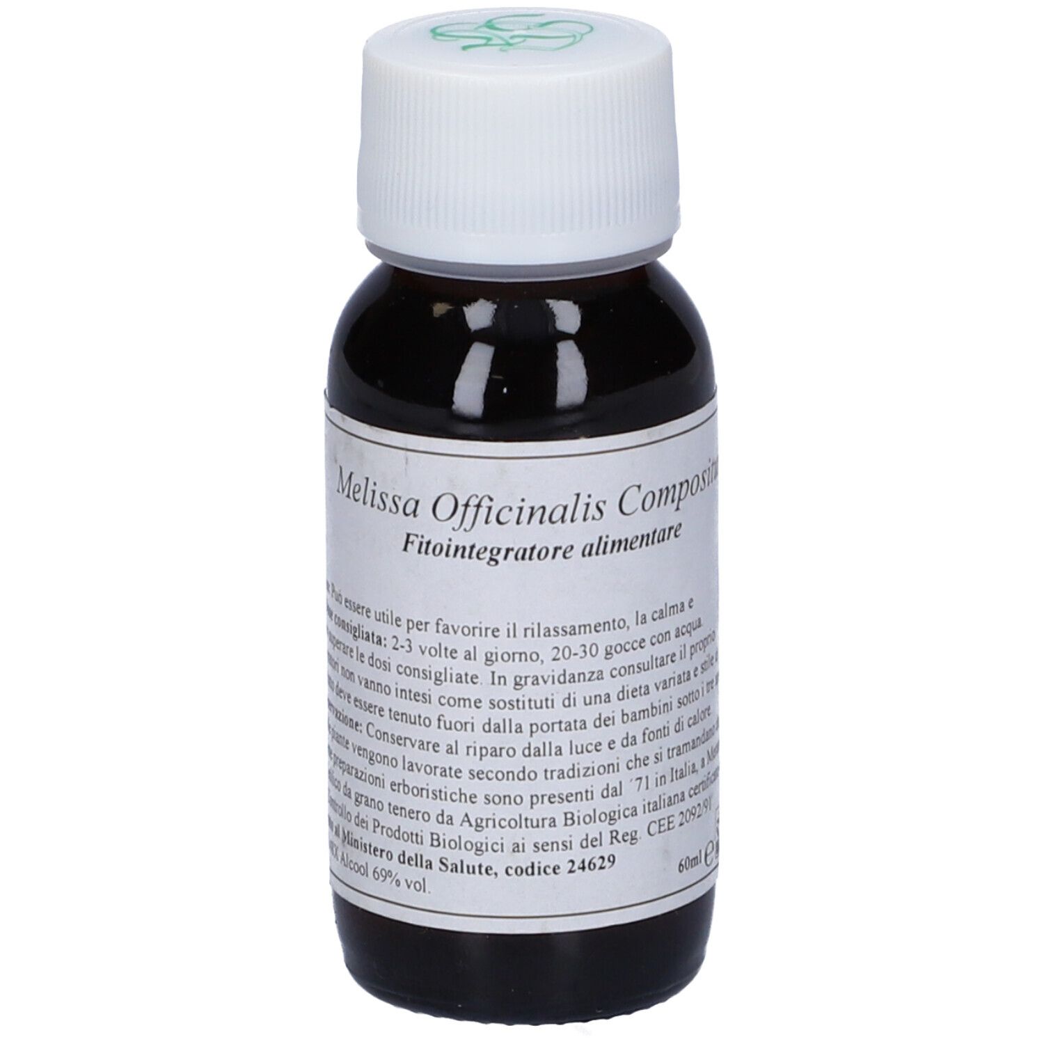 Flacone di vetro marrone con tappo bianco. Etichetta con testo: Melissa Officinalis Compositum. Fitointegratore alimentare.