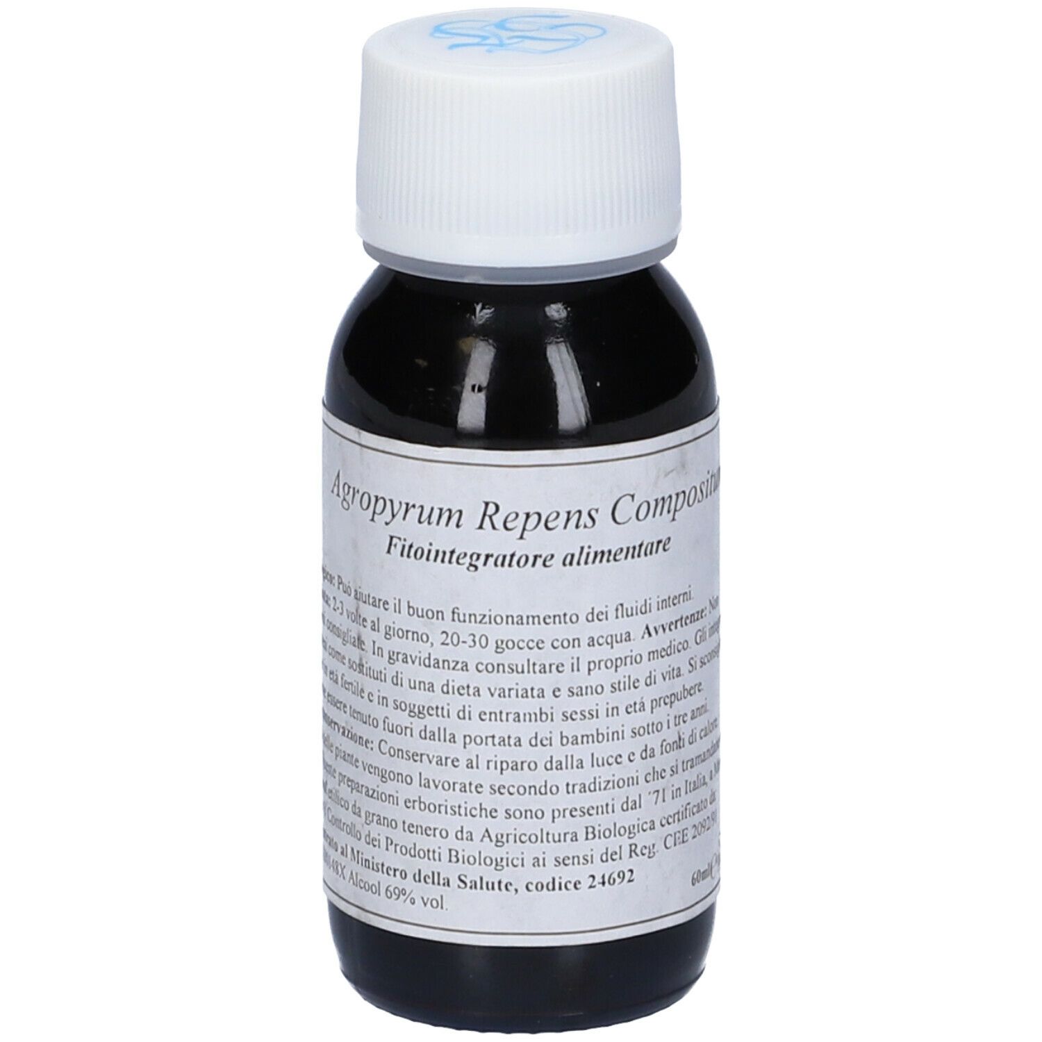 Flacone di vetro marrone con tappo bianco. Etichetta: Agropyrum Repens Compositum, Fitointegratore alimentare.