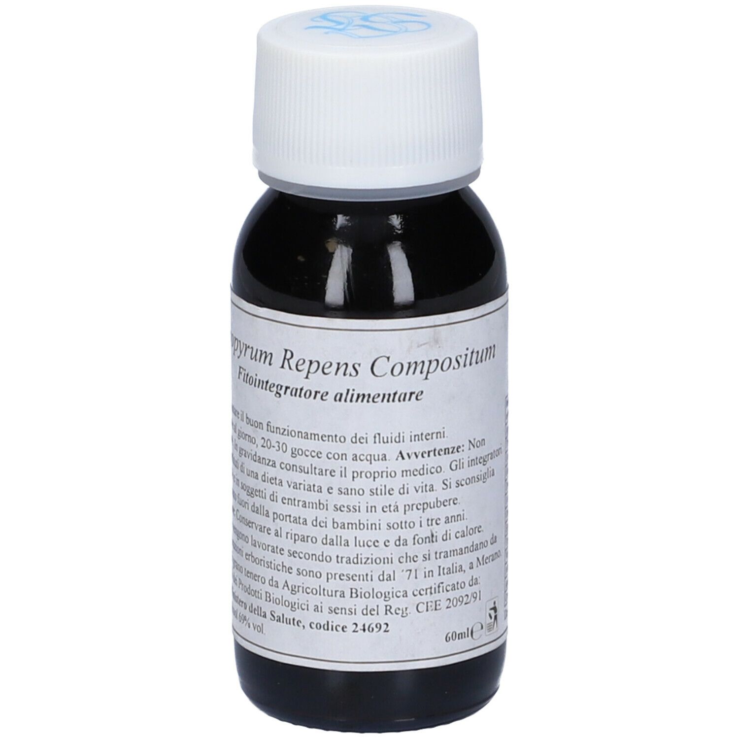 Flacone di vetro marrone con tappo bianco. Etichetta: Agropyrum Repens Compositum, Fitointegratore alimentare.