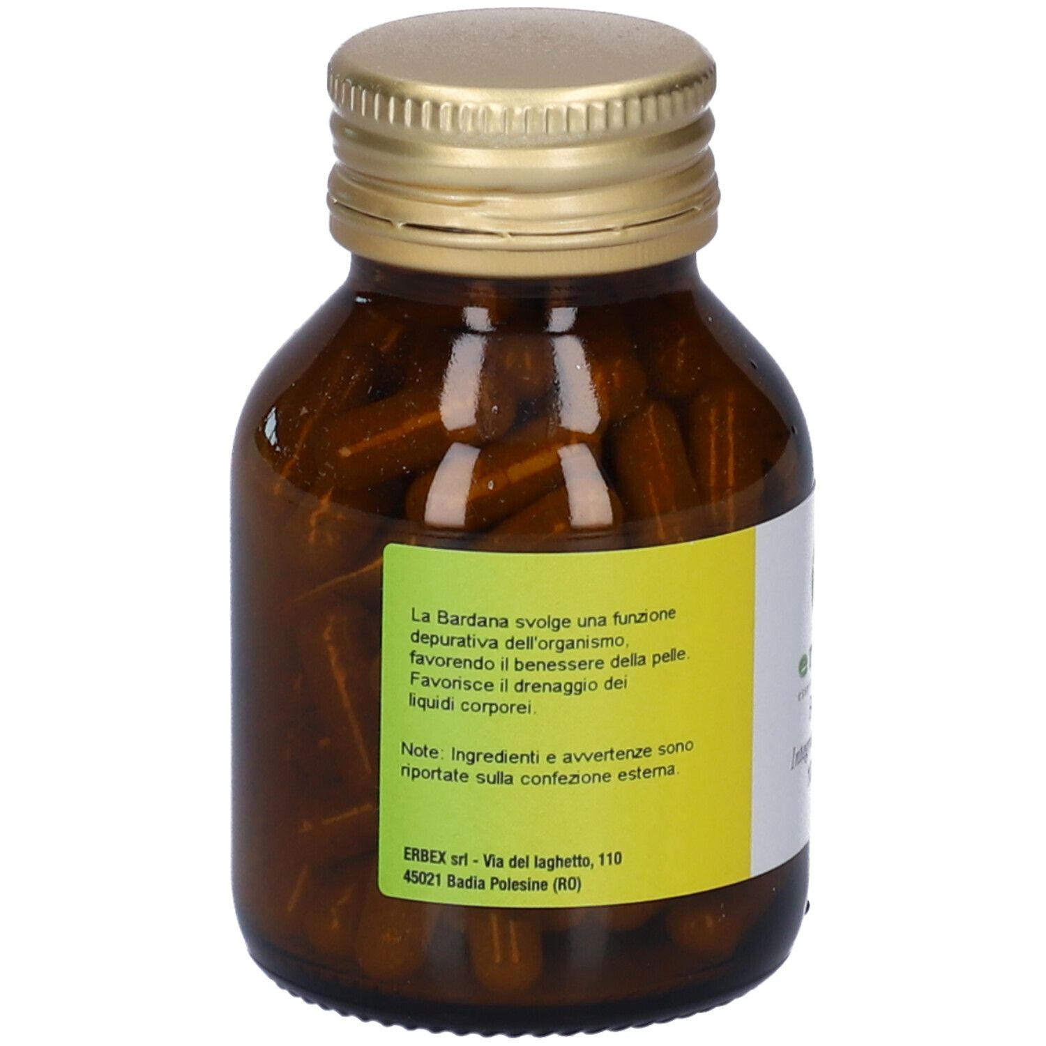 Flacone di vetro marrone con tappo dorato, pieno di capsule. Etichetta gialla con informazioni sul prodotto.