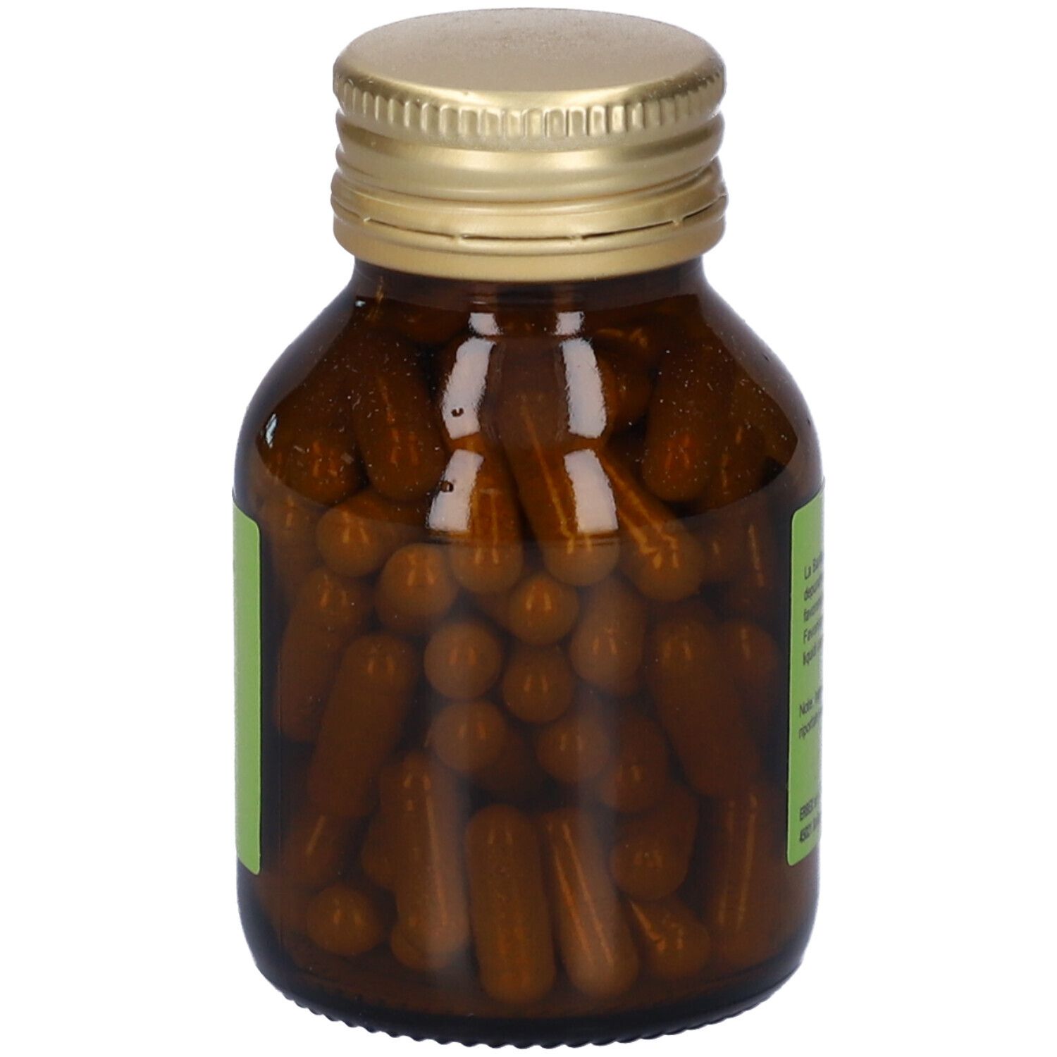 Flacone di vetro marrone con tappo dorato, pieno di capsule. Primo piano delle capsule nel flacone.