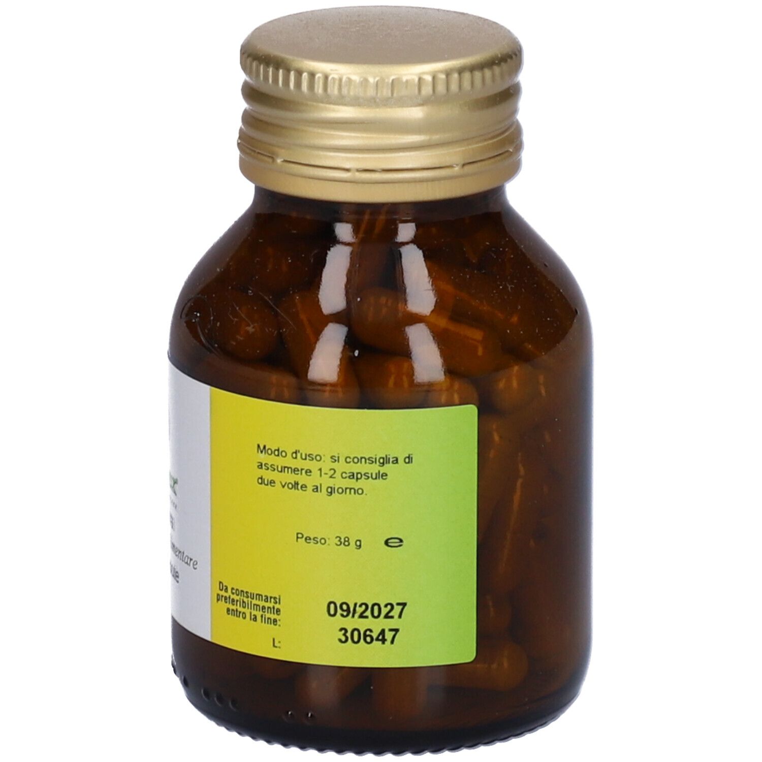 Flacone di vetro marrone con tappo dorato, pieno di capsule. Retro con informazioni e data di scadenza.