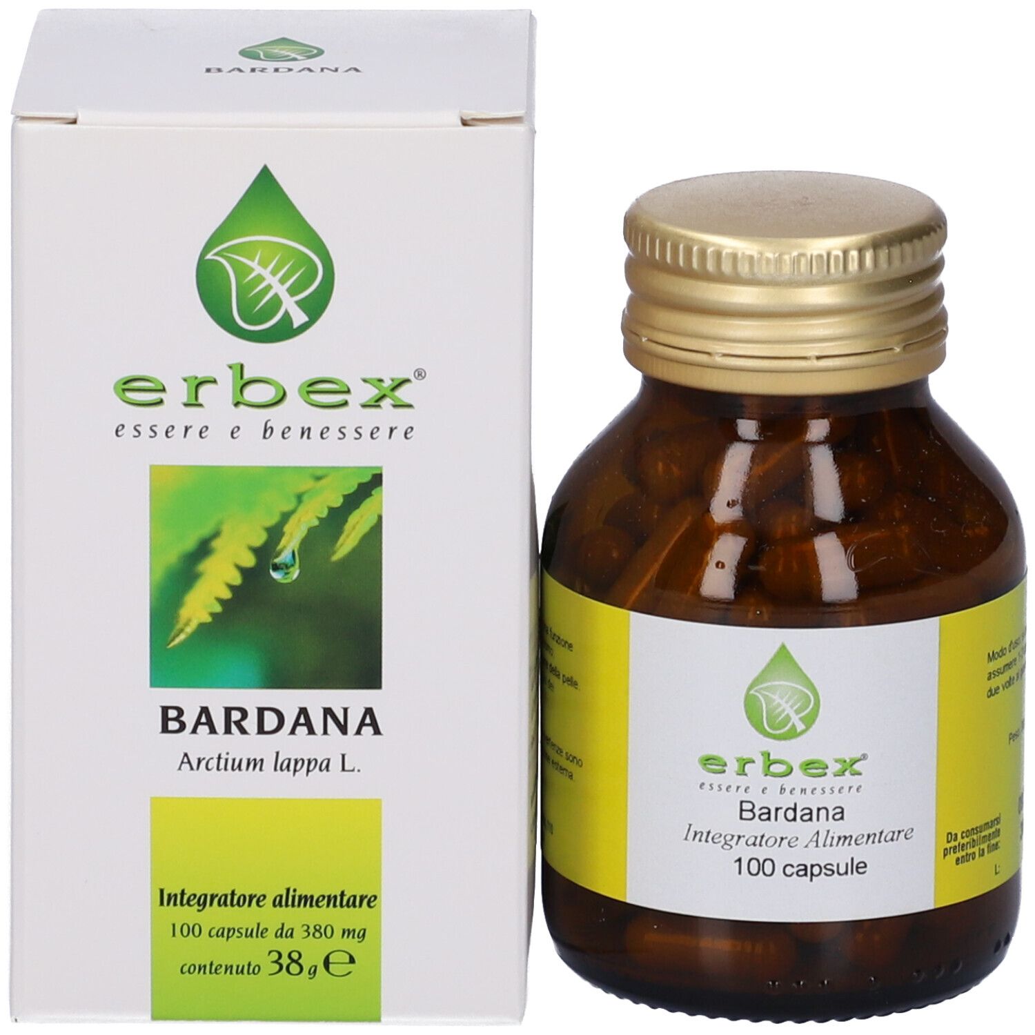 Flacone di vetro marrone con tappo dorato e scatola bianca. Scritta: Bardana, 100 capsule.