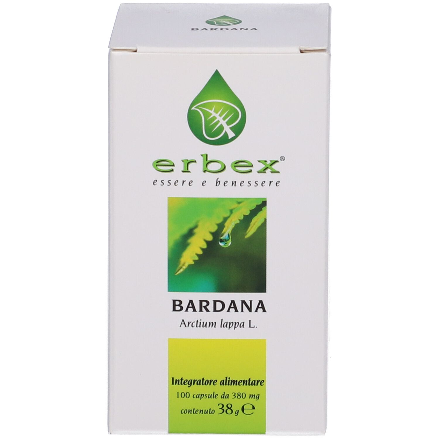 Scatola bianca con logo verde e informazioni sul prodotto. Scritta: Bardana, 100 capsule.