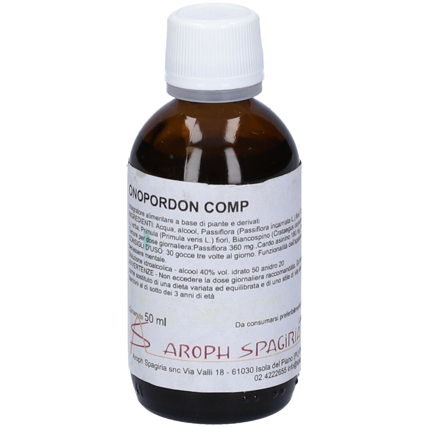 Flacone di vetro marrone con tappo bianco. Etichetta con informazioni sul prodotto. Scritta: Onopordon Comp, 50 ml.
