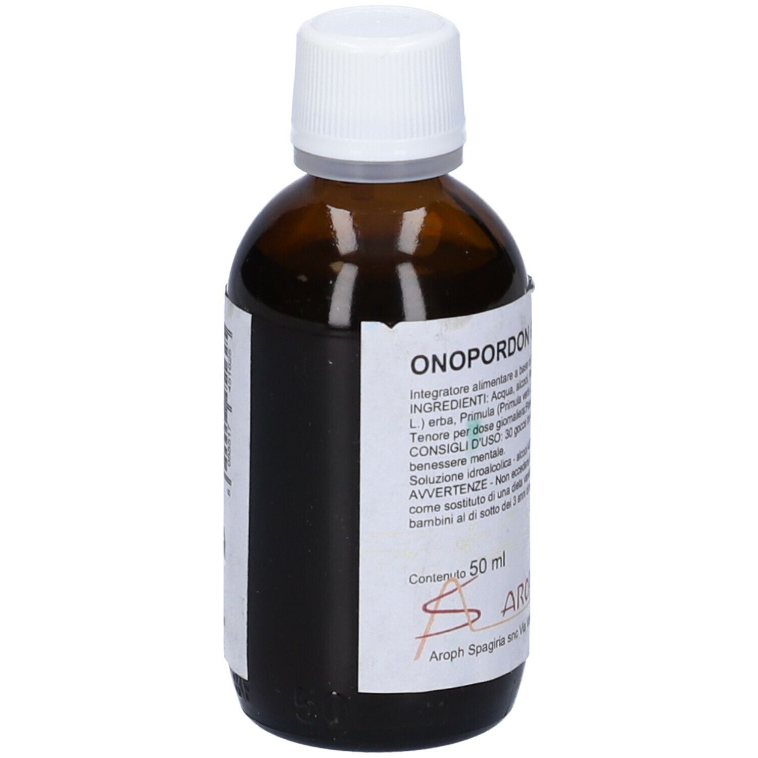 Flacone di vetro marrone con tappo bianco. Etichetta con informazioni sul prodotto. Scritta: Onopordon Comp, 50 ml.
