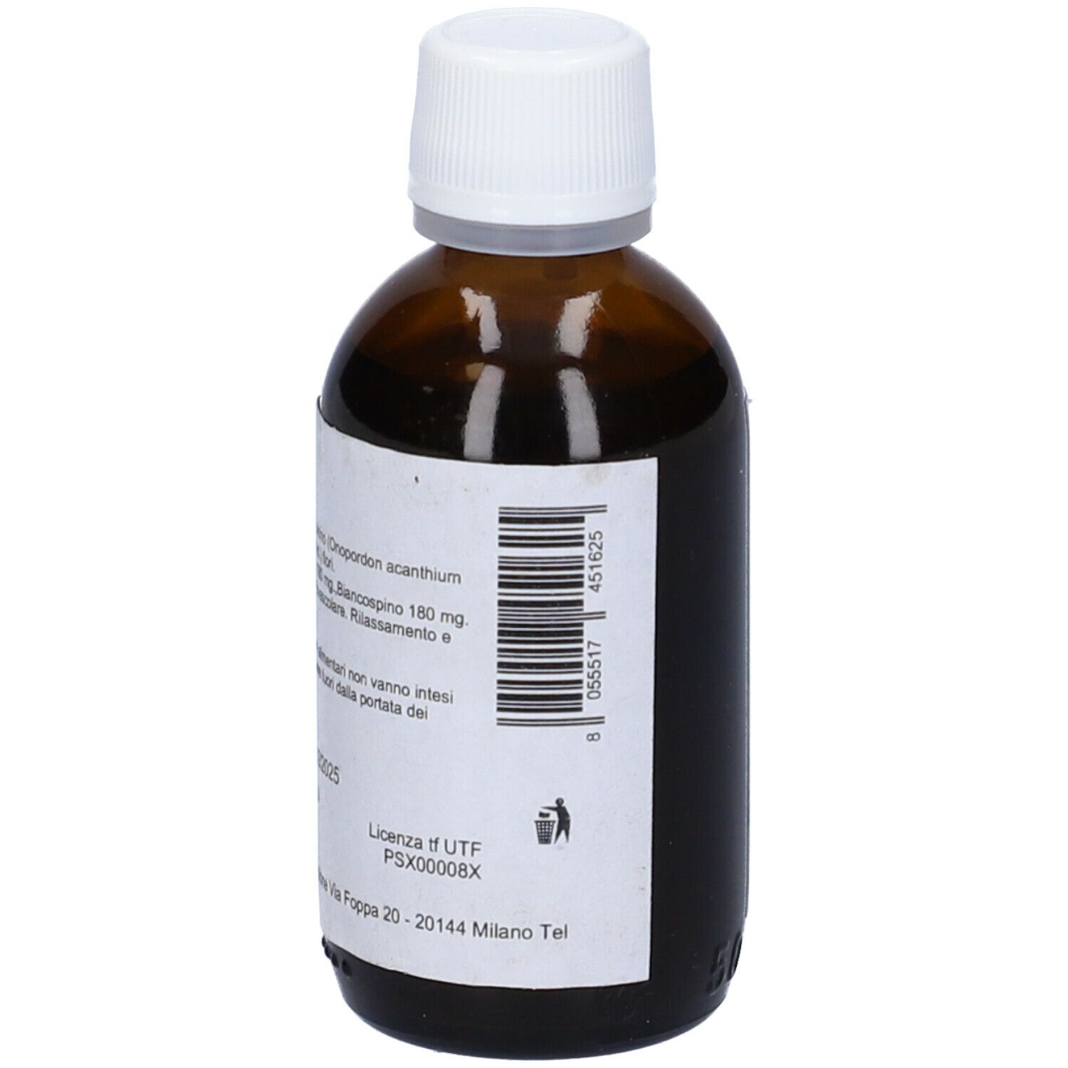 Flacone di vetro marrone con tappo bianco. Etichetta con informazioni sul prodotto. Scritta: Onopordon Comp, 50 ml.