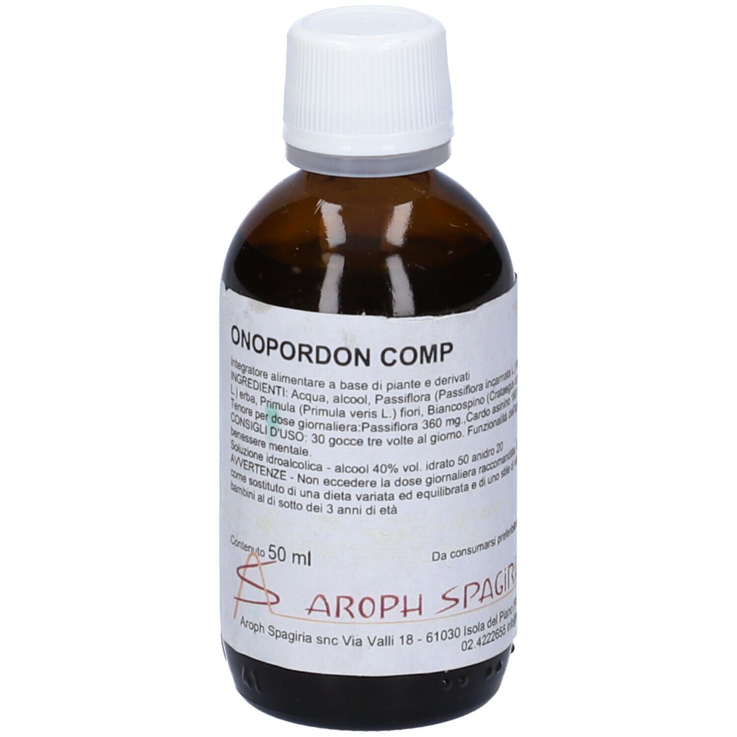 Flacone di vetro marrone con tappo bianco. Etichetta con informazioni sul prodotto. Scritta: Onopordon Comp, 50 ml.