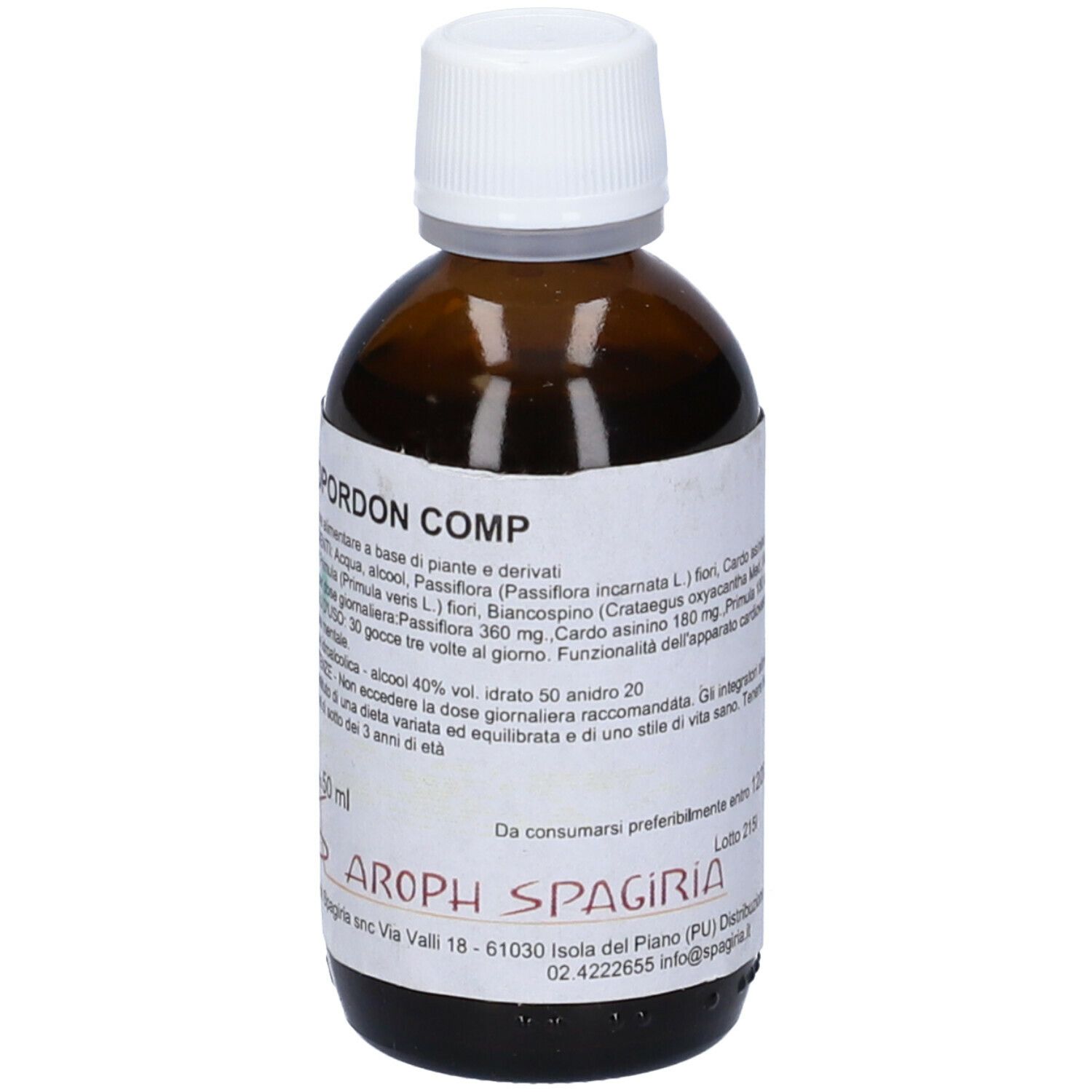 Flacone di vetro marrone con tappo bianco. Etichetta con informazioni sul prodotto. Scritta: Onopordon Comp, 50 ml.