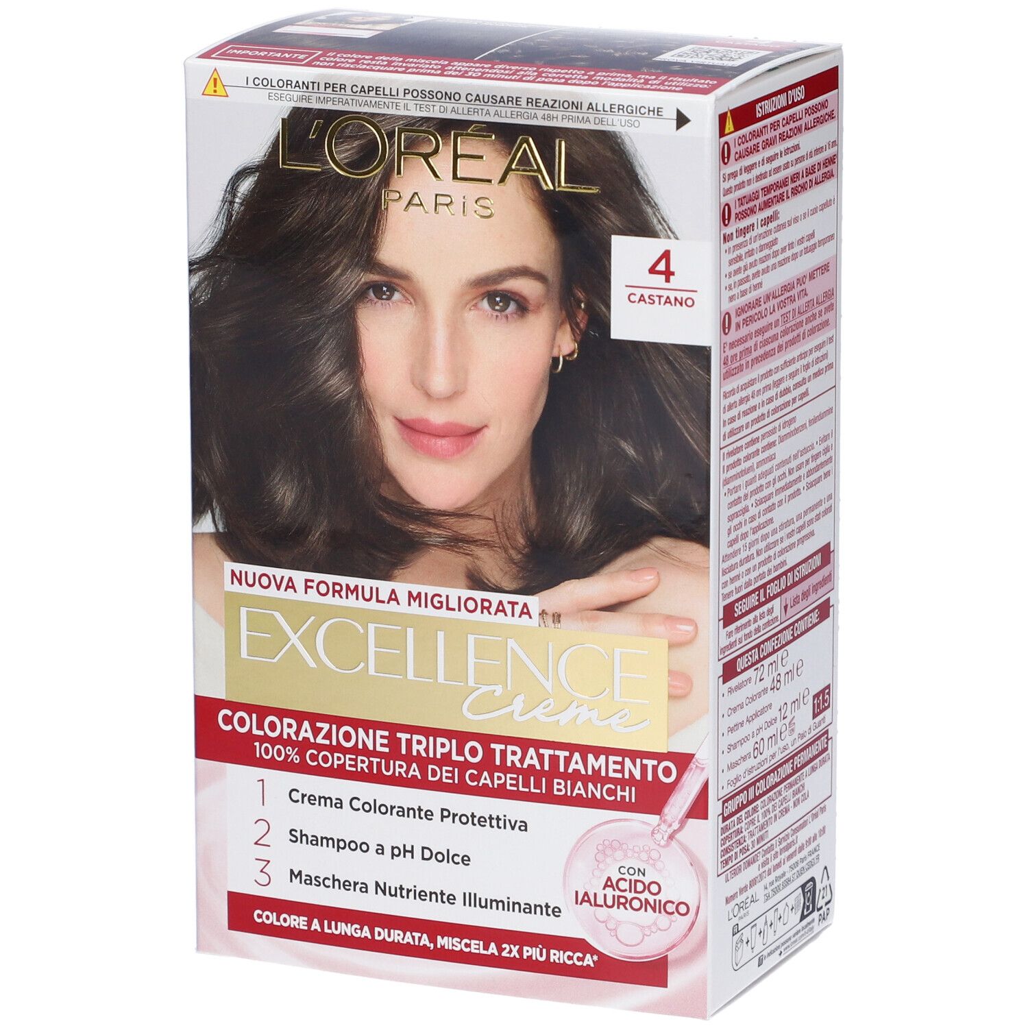 L'Oréal Paris Tinta Capelli Excellence, Copre i capelli bianchi, colore ricco, luminoso e a lunga durata, 4 Castano