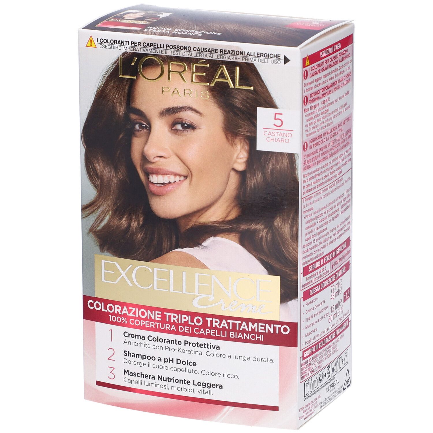 L'Oréal Paris Excellence Crème 5 Castano Chiaro. Confezione con donna, immagine prodotto e testo.
