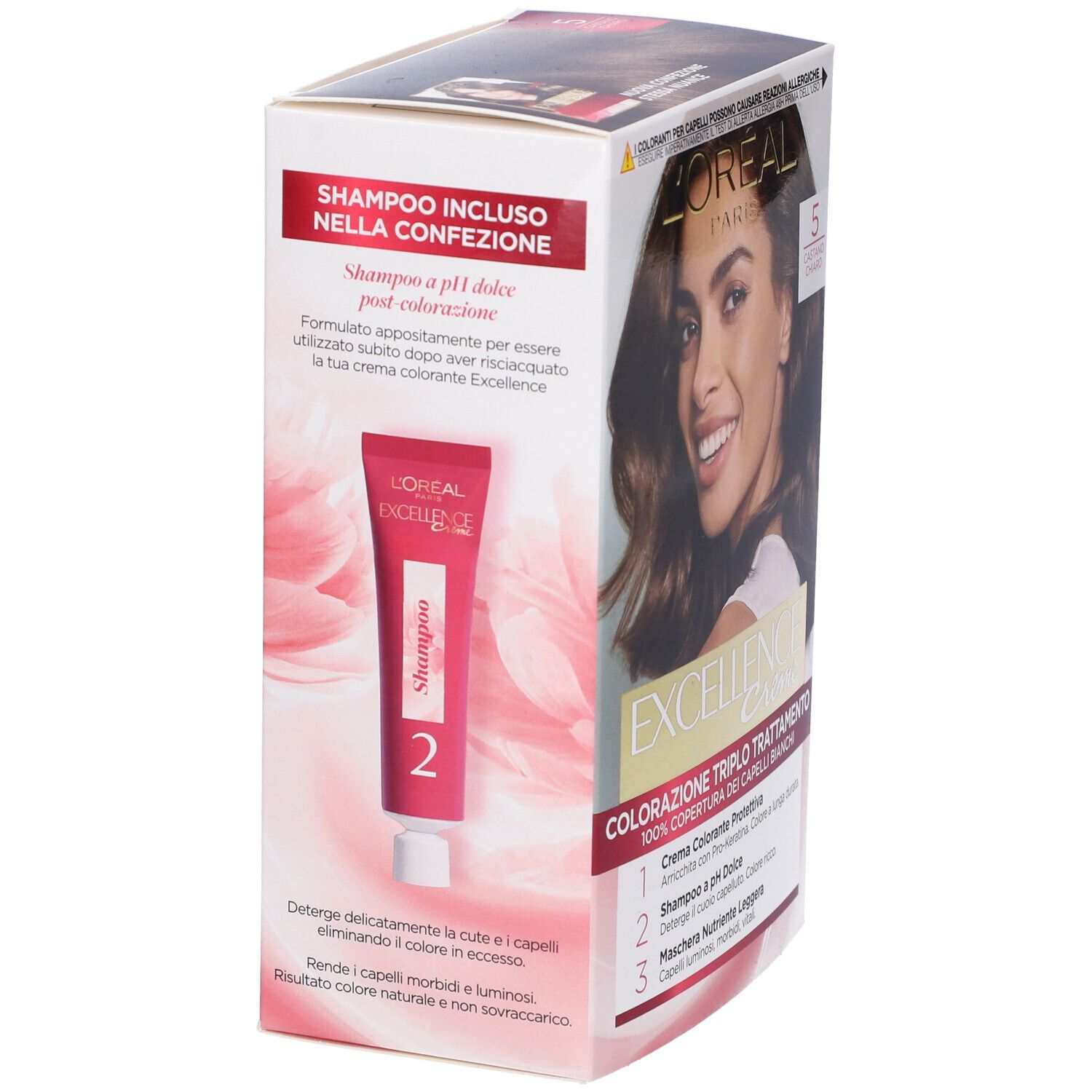 L'Oréal Paris Excellence Crème 5 Castano Chiaro. Confezione con tubo shampoo e immagine prodotto.