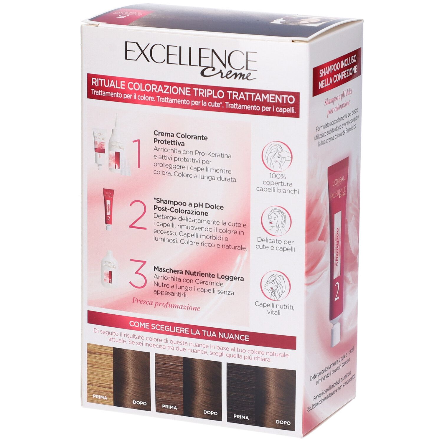 L'Oréal Paris Excellence Crème 5 Castano Chiaro. Confezione con informazioni prodotto ed esempi colore.