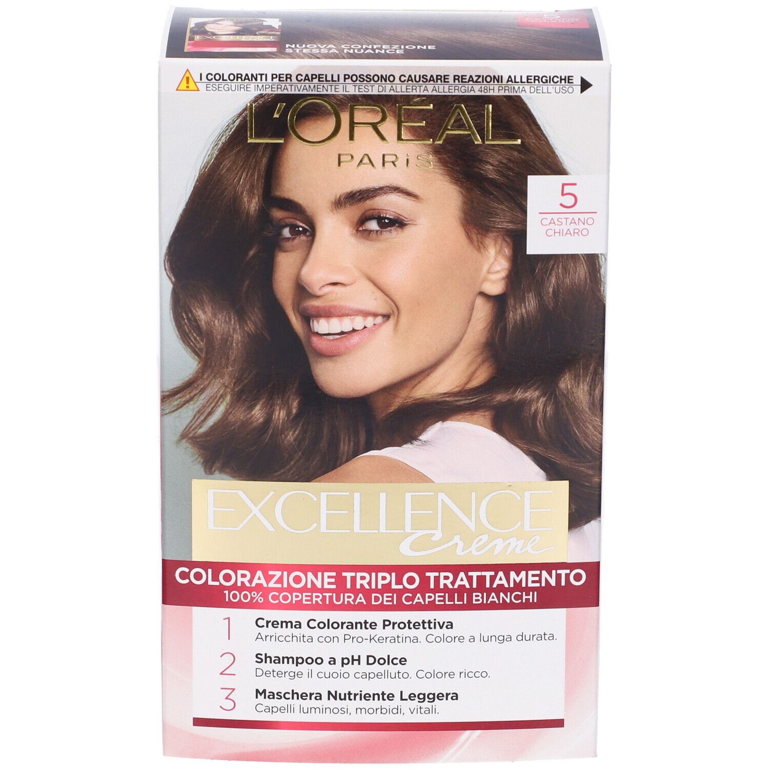L'Oréal Paris Excellence Crème 5 Castano Chiaro. Confezione con donna, immagine prodotto e testo.