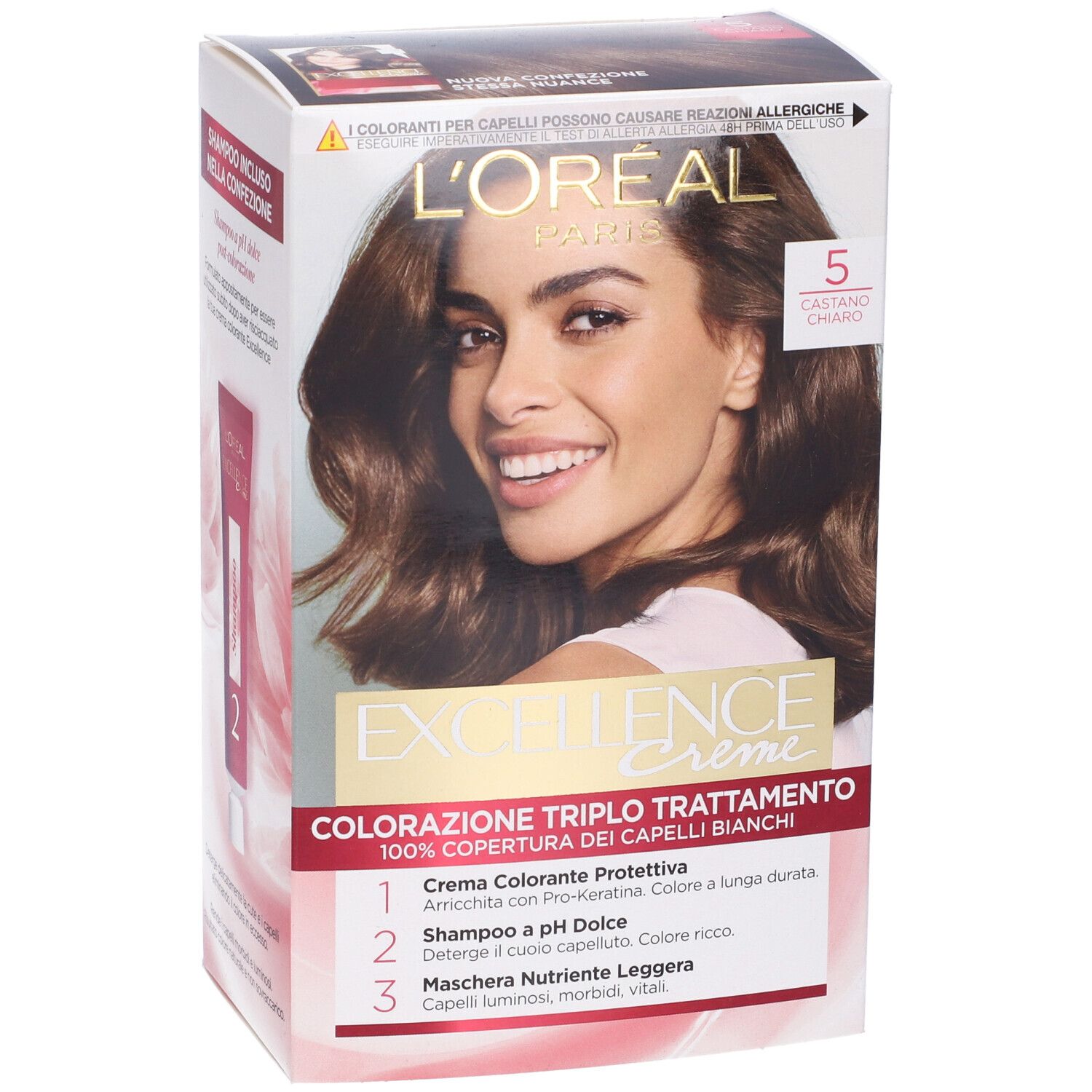 L'Oréal Paris Excellence Crème 5 Castano Chiaro. Confezione con donna, immagine prodotto e testo.