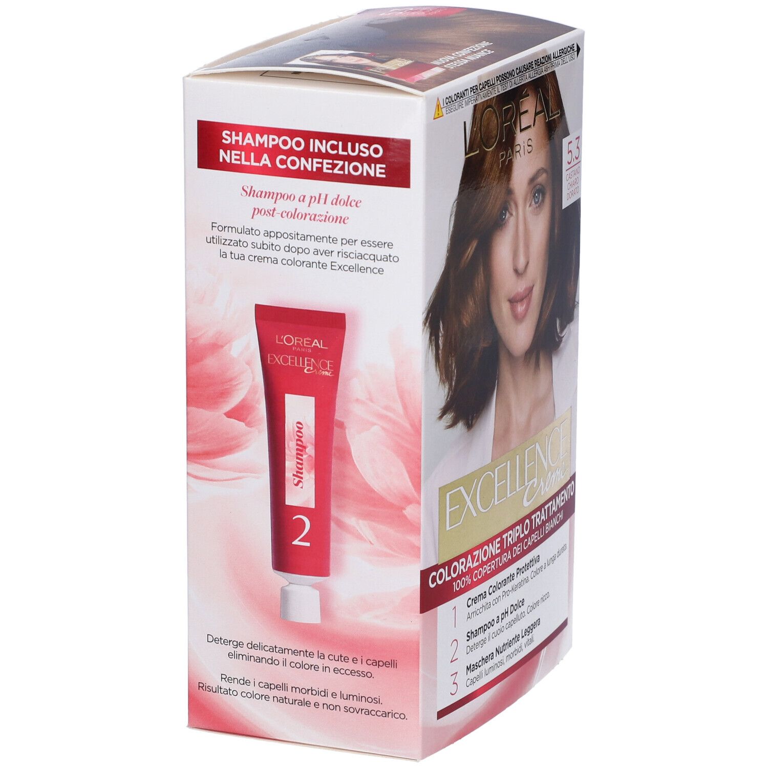 L'Oréal Excellence Crème 5.3. Confezione con tubo shampoo. Testo: Shampoo incluso.