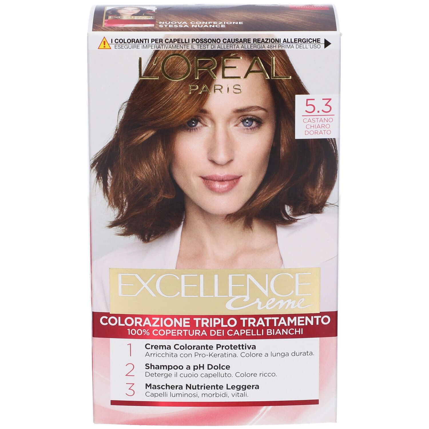 L'Oréal Paris Excellence Crème 5.3 Castano Chiaro Dorato. Confezione con donna, immagine prodotto e testo.