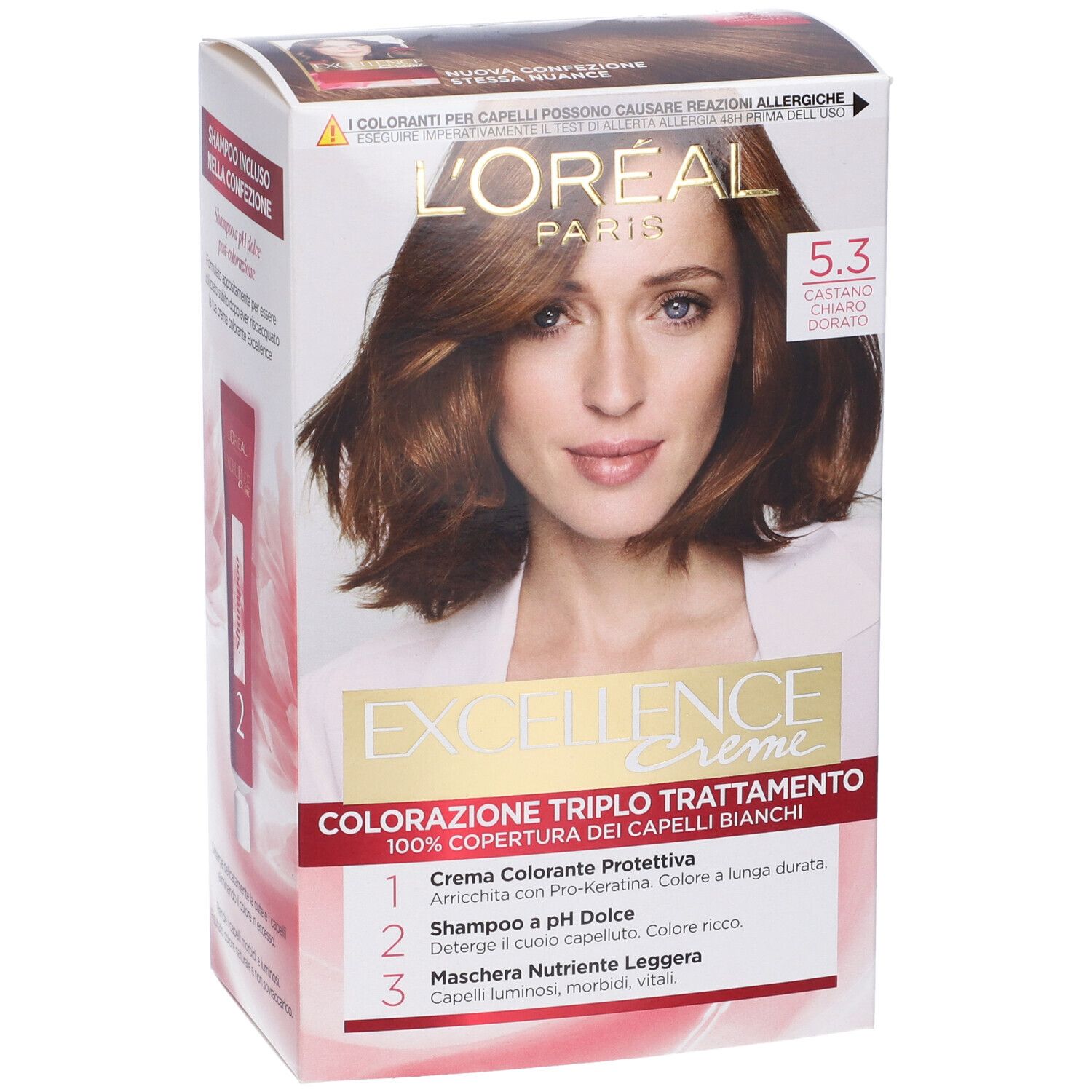 L'Oréal Paris Excellence Crème 5.3 Castano Chiaro Dorato. Confezione con donna, immagine prodotto e testo.