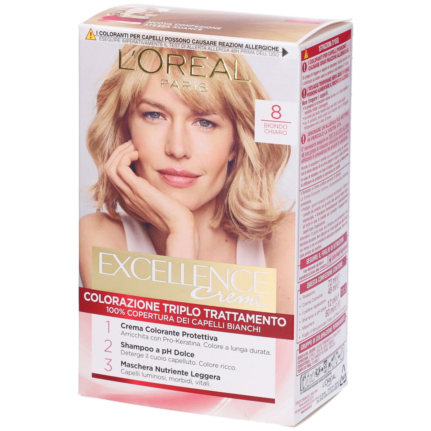 Image of L'Oréal Paris Tinta Capelli Excellence, Copre i capelli bianchi, colore ricco, luminoso e a lunga durata, 8 Biondo Chiaro