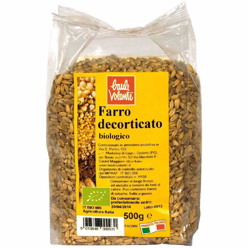 Confezione trasparente con etichetta gialla. Scritto: Farro decorticato biologico. 500g. Certificazione biologica.