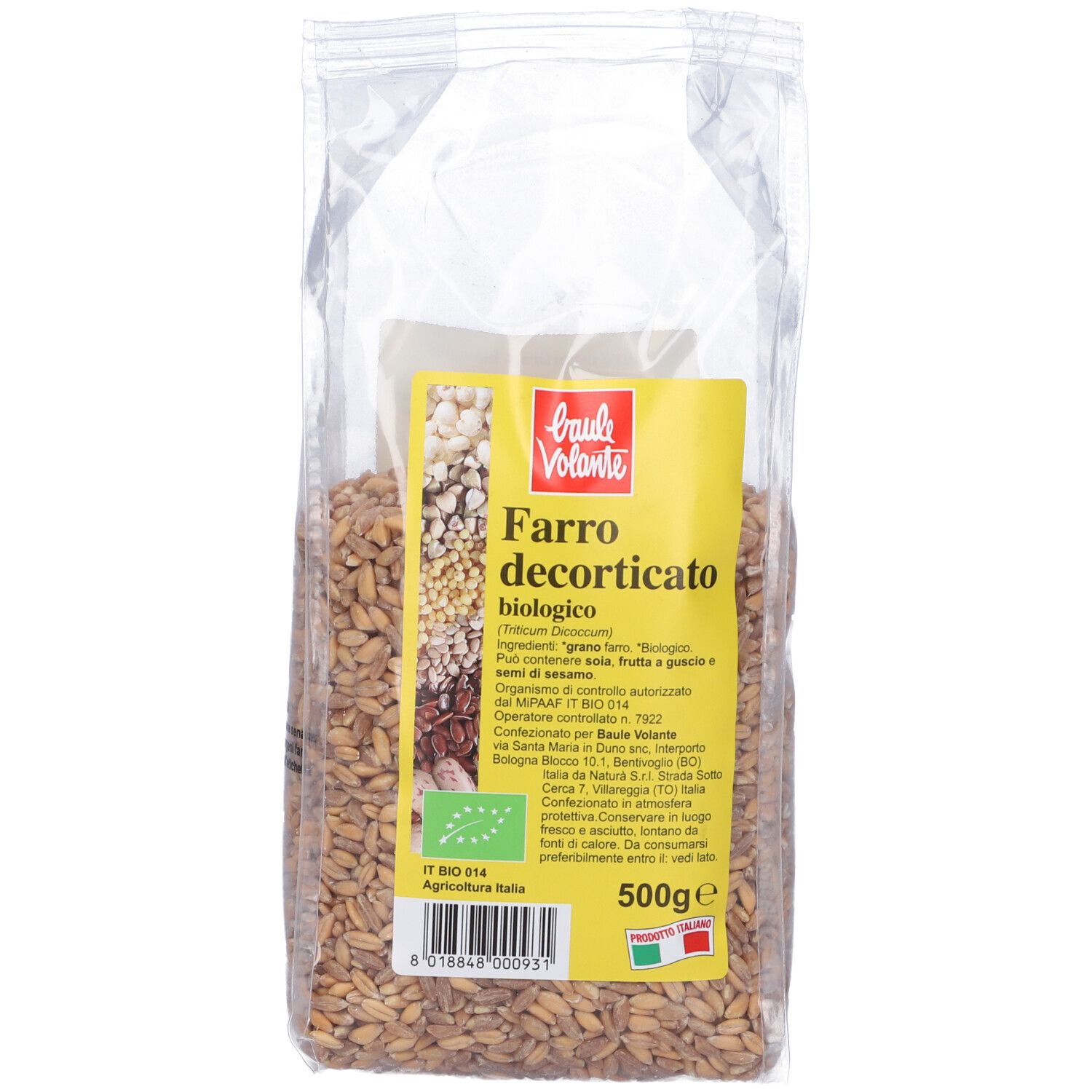 Confezione trasparente con etichetta gialla. Scritto: Farro decorticato biologico. 500g. Certificazione biologica.