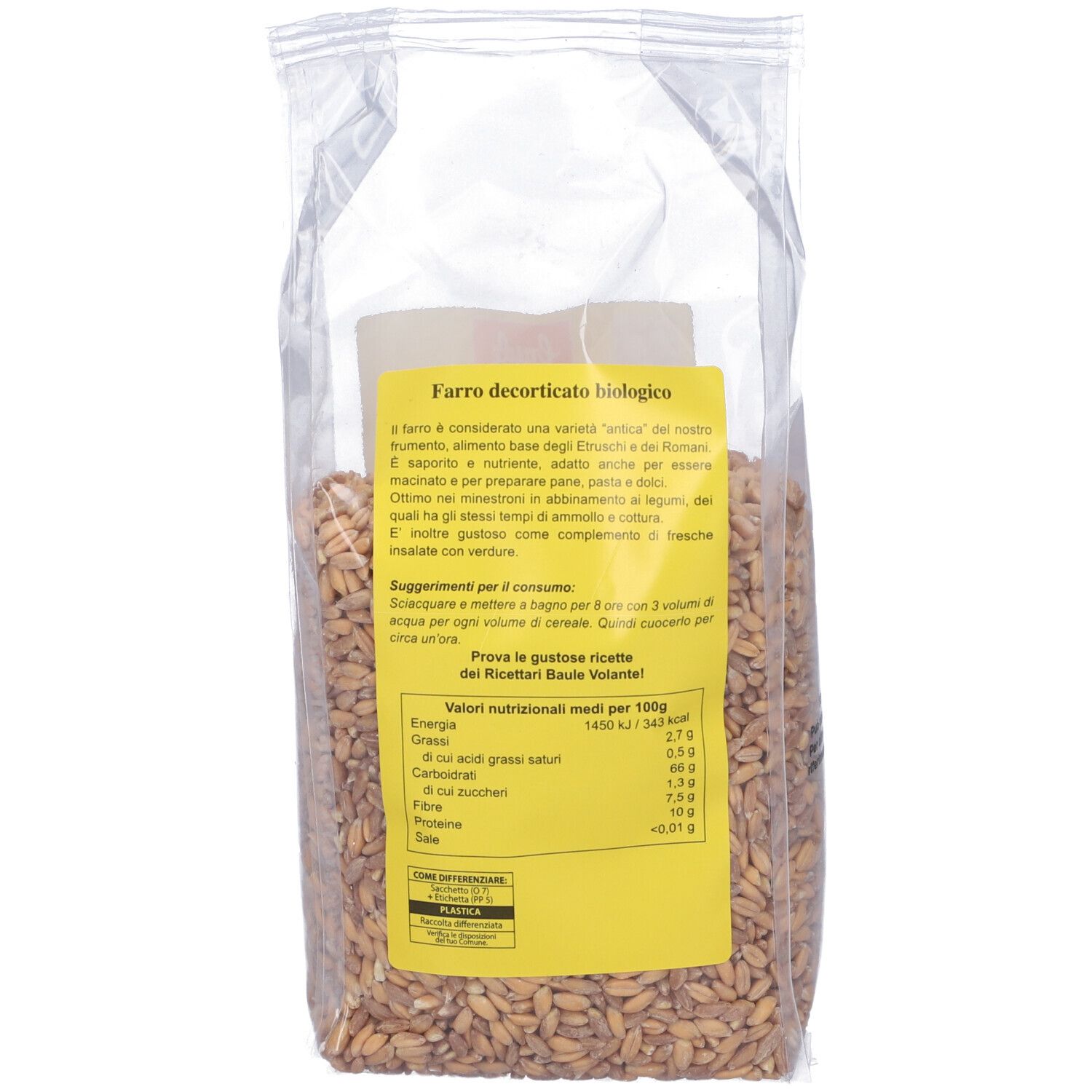 Retro della confezione trasparente con etichetta gialla. Testo: Farro decorticato biologico. Informazioni nutrizionali.