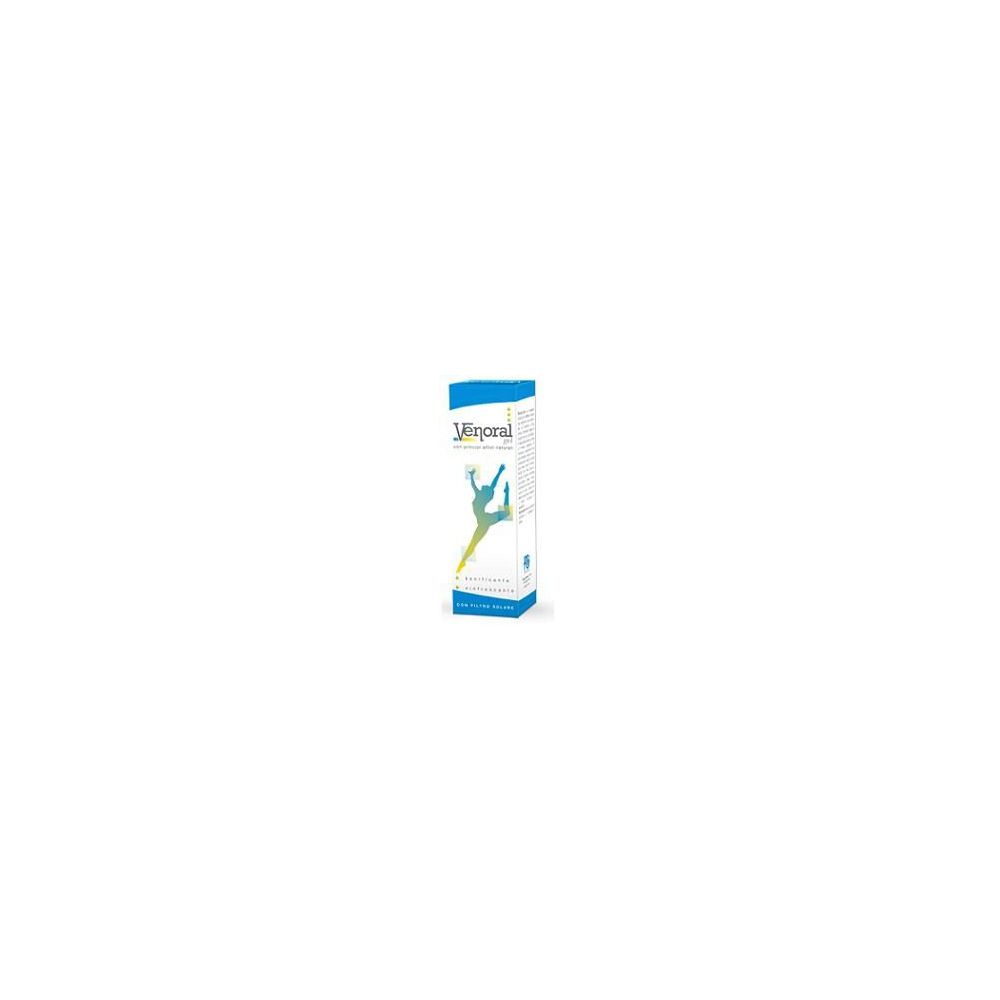 Confezione di Venoral Gel. Bianca, blu e gialla. Contiene testo e l'illustrazione di una persona.
