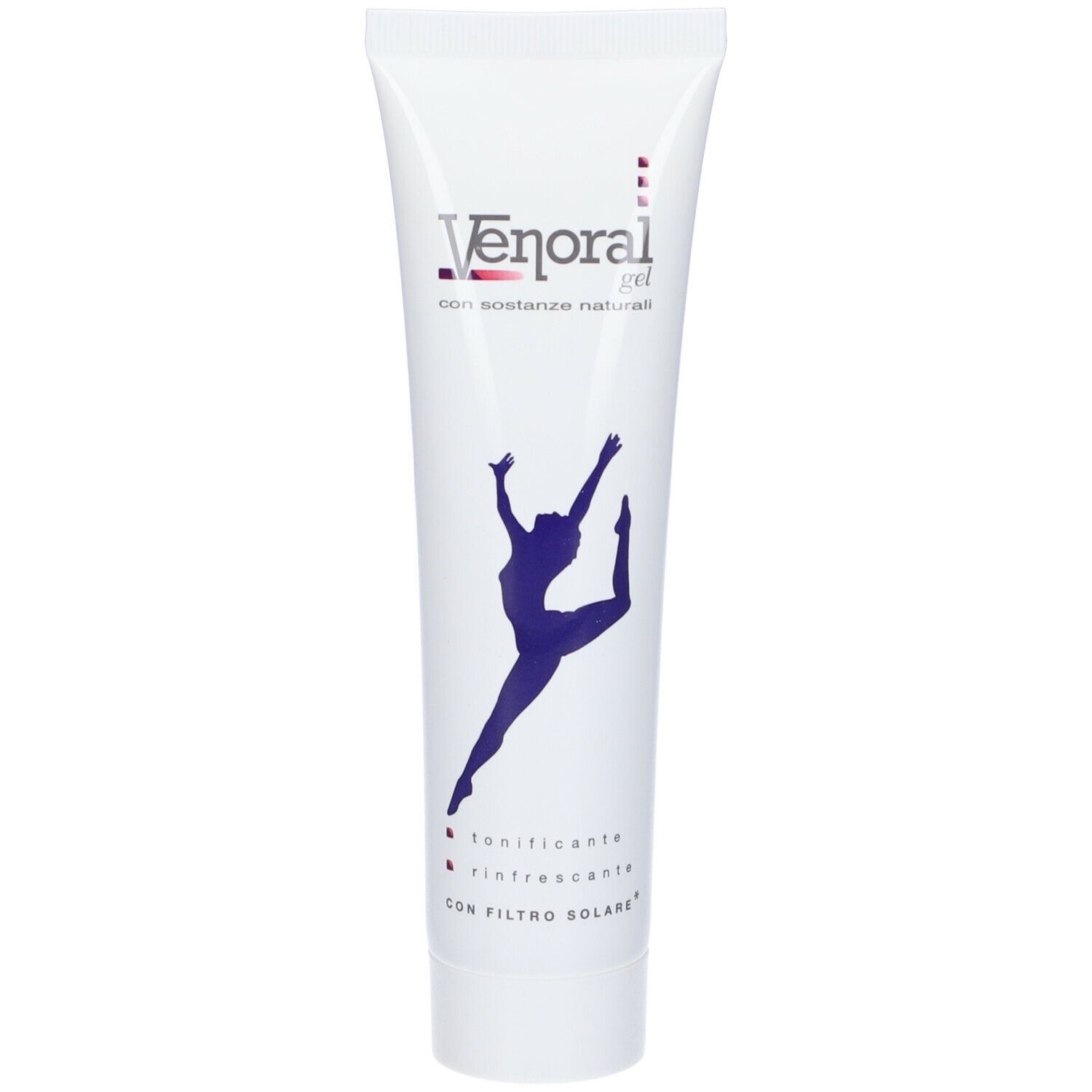 Tubo bianco di Venoral Gel. Contiene testo e l'illustrazione di una persona. Con testo rosso e blu.