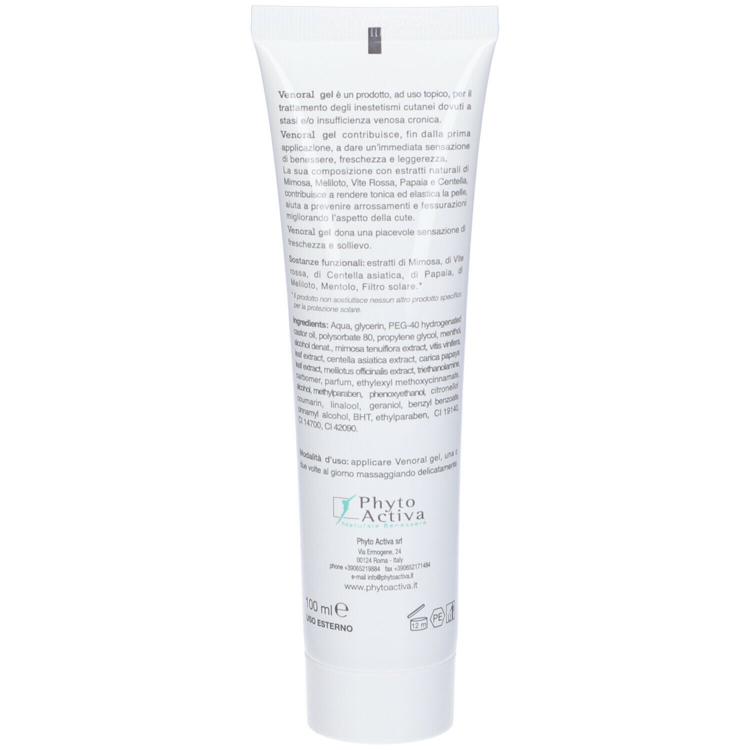 Retro del tubo di Venoral Gel. Contiene testo sul prodotto e sugli ingredienti. Sfondo bianco.