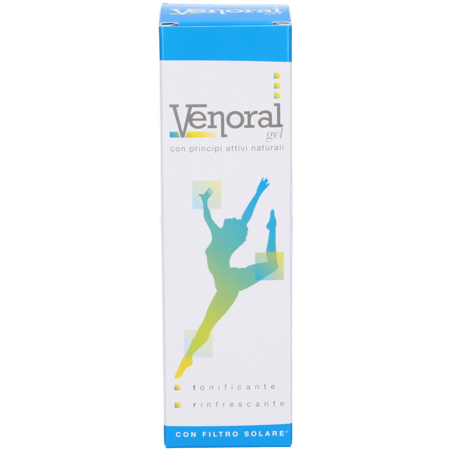 Confezione di Venoral Gel. Blu e bianca. Contiene testo e l'illustrazione di una persona. Accenti gialli.