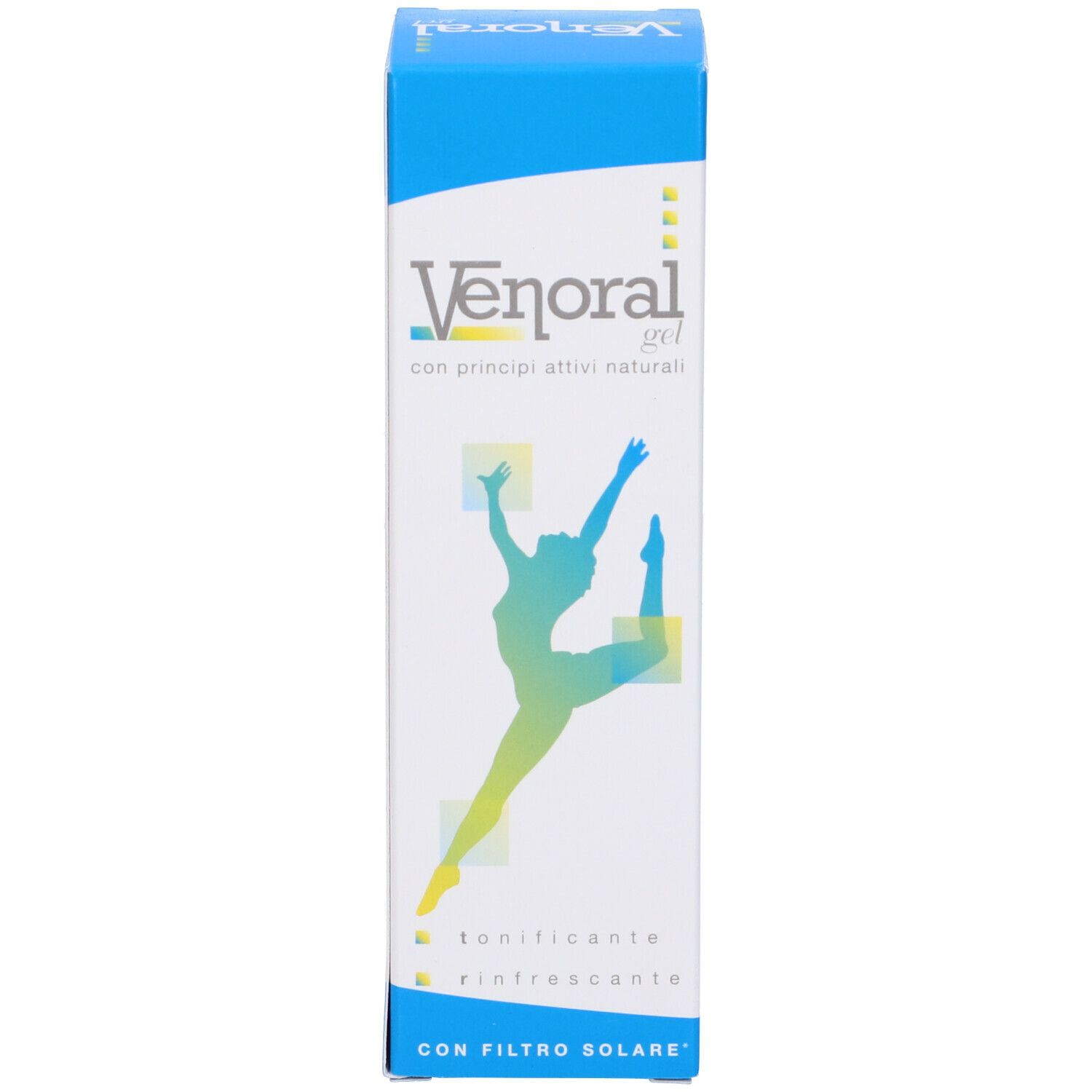 Confezione di Venoral Gel. Blu e bianca. Contiene testo e l'illustrazione di una persona. Accenti gialli.