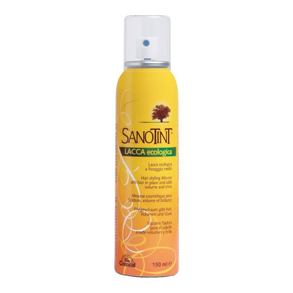 Flacone spray giallo con erogatore bianco. Scritta: Sanotint Lacca ecologica. Testo in più lingue.