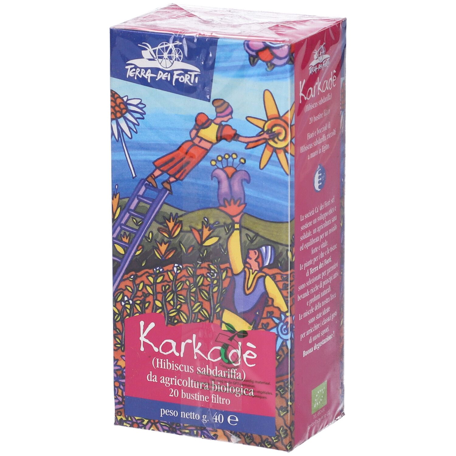 Scatola di Karkade 20Bustine 2G. Confezione rosa-blu con illustrazioni e informazioni. Sigillo biologico.